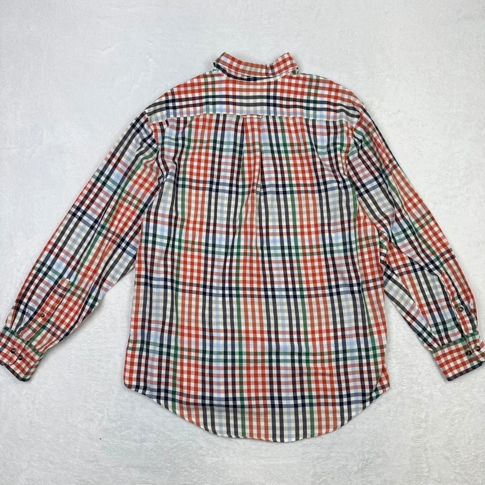 IZOD Button Down Shirt Mens Large Orange Blue Plaid Long Sleeve Cotton Blend‎